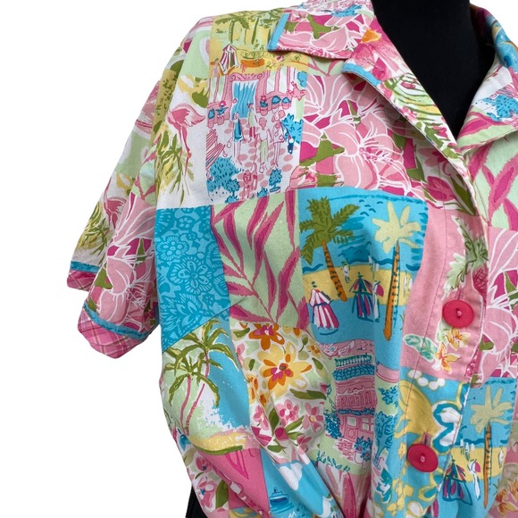 Vintage Erin London Bright Floral Hawaiian Button Down Beach Blouse Large - Picture 5 of 7
